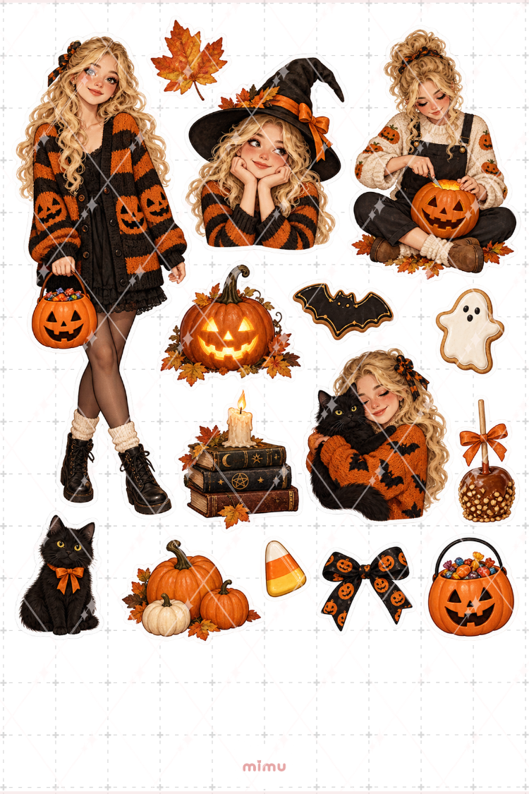 Cadılar Bayramı Kutlayan Sarı Saçlı Kız Sticker Seti Halloween Temalı Dekoratif 2'li Etiket