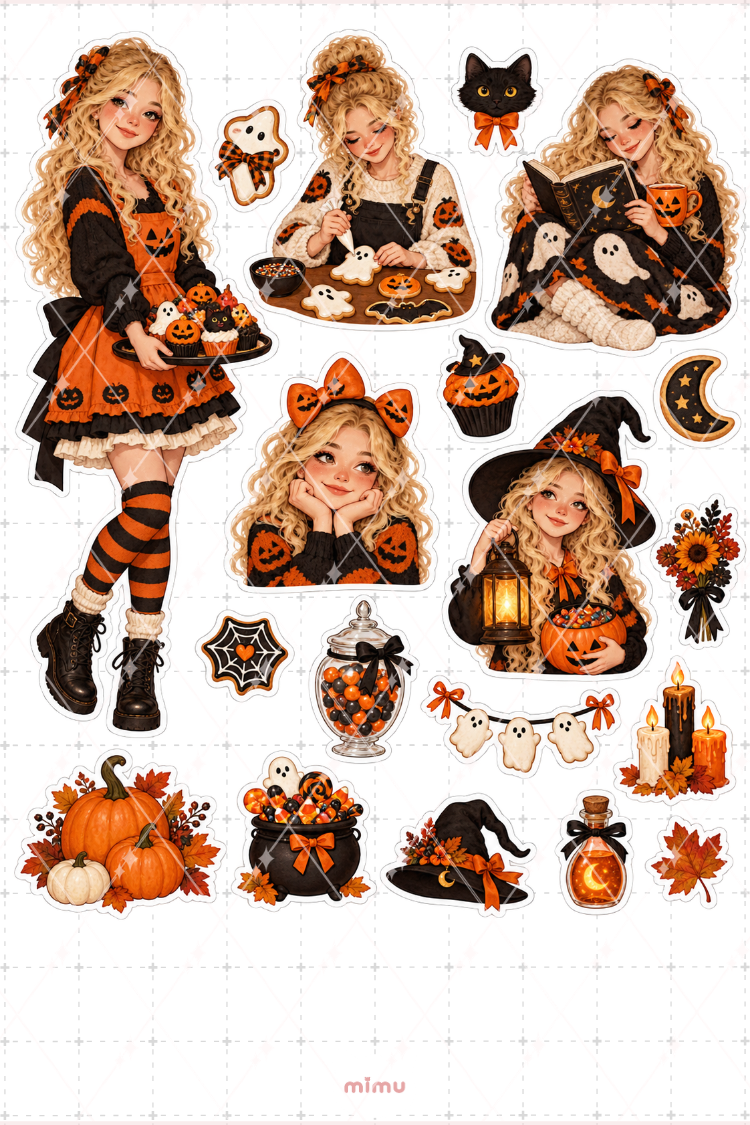 Cadılar Bayramı Kutlayan Sarı Saçlı Kız Sticker Seti Halloween Temalı Dekoratif 2'li Etiket - 2