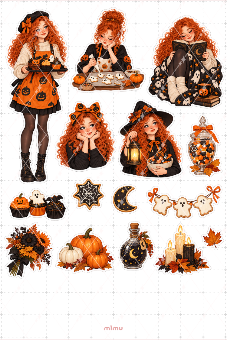 Cadılar Bayramı Kutlayan Kızıl Saçlı Kız Sticker Seti Halloween Temalı Dekoratif 2'li Etiket