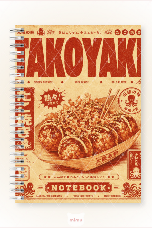 Vintage Takoyaki Desenli 60 Yaprak Çizgisiz Okul Defteri A5 Spiralli Not Defteri