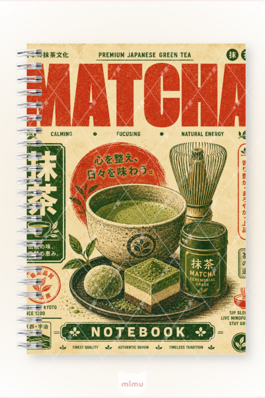 Vintage Matcha Desenli 60 Yaprak Çizgisiz Okul Defteri A5 Spiralli Not Defteri