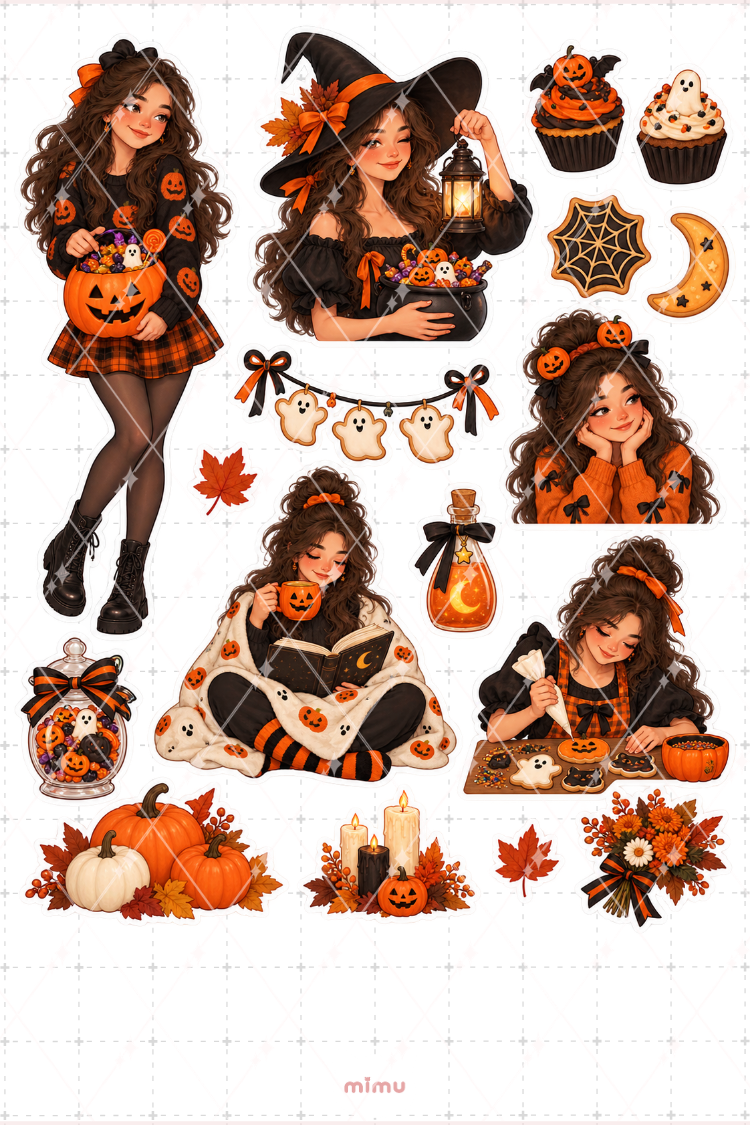 Cadılar Bayramı Kutlayan Kahverengi Saçlı Kız Sticker Seti Halloween Temalı Dekoratif 2'li Etiket