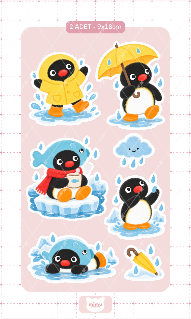 Pingu Yağmurlu Gün Sticker Seti Şemsiye ve Yağmur Temalı Dekoratif Etiket 2 Adet