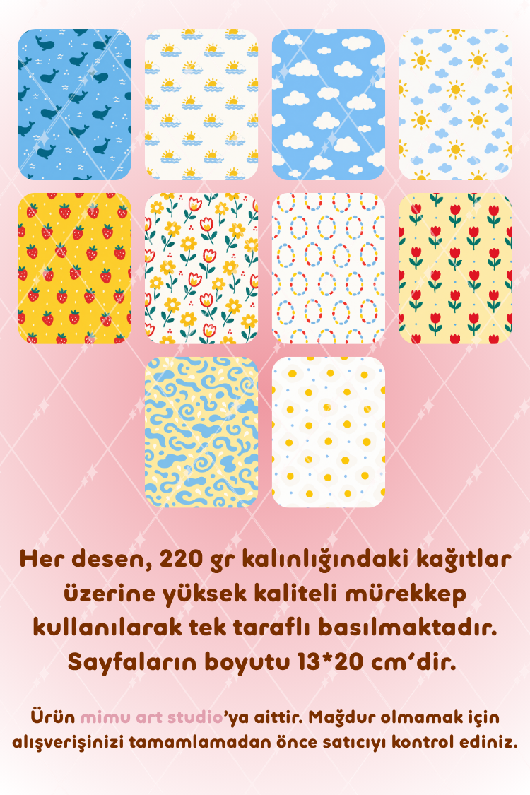 Balina Bulut Güneş Çilek Lale Desenli Kağıt Seti Scrapbook Kağıdı (220 gr) Ajanda Günlük Kolaj Junk Journal Bullet Journal Kağıtları