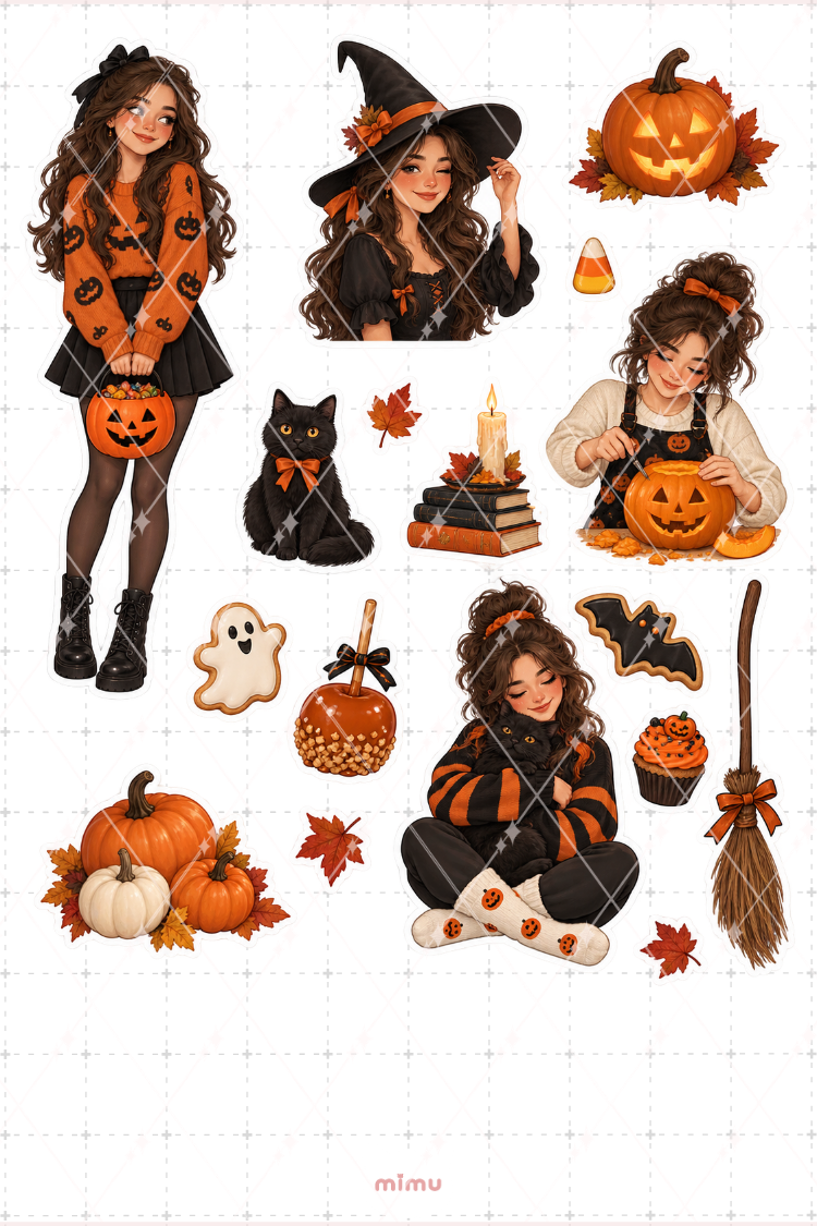 Cadılar Bayramı Kutlayan Kahverengi Saçlı Kız Sticker Seti Halloween Temalı Dekoratif 2'li Etiket - 2