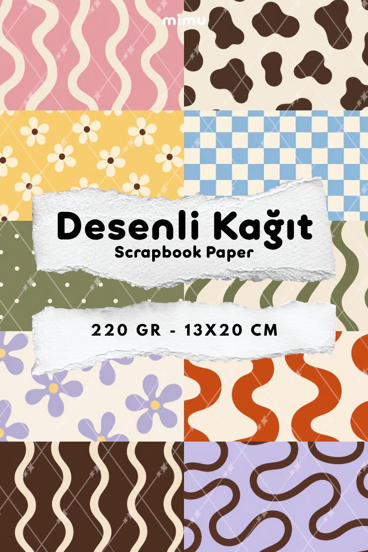 İnek Deseni Papatya Ekose Dalga Desenli Kağıt Seti Scrapbook Kağıdı (220 gr) Ajanda Günlük Kolaj Junk Journal Bullet Journal Kağıtları
