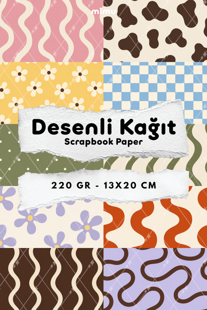İnek Deseni Papatya Ekose Dalga Desenli Kağıt Seti Scrapbook Kağıdı (220 gr) Ajanda Günlük Kolaj Junk Journal Bullet Journal Kağıtları