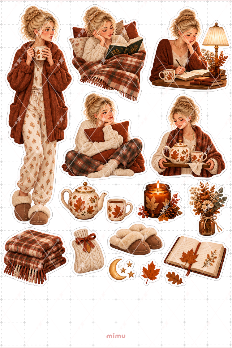 Sarı Saçlı Kız Akşam Rutini Sticker Seti Cozy Günlük Yaşam Temalı Dekoratif 2'li Etiket - 2