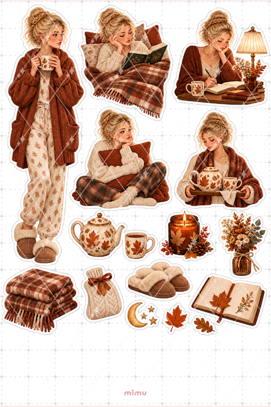 Sarı Saçlı Kız Akşam Rutini Sticker Seti Cozy Günlük Yaşam Temalı Dekoratif 2'li Etiket - 2