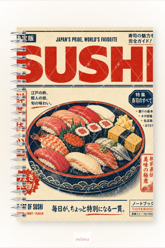 Japon Sushi Desenli 60 Yaprak Çizgisiz Okul Defteri A5 Spiralli Not Defteri