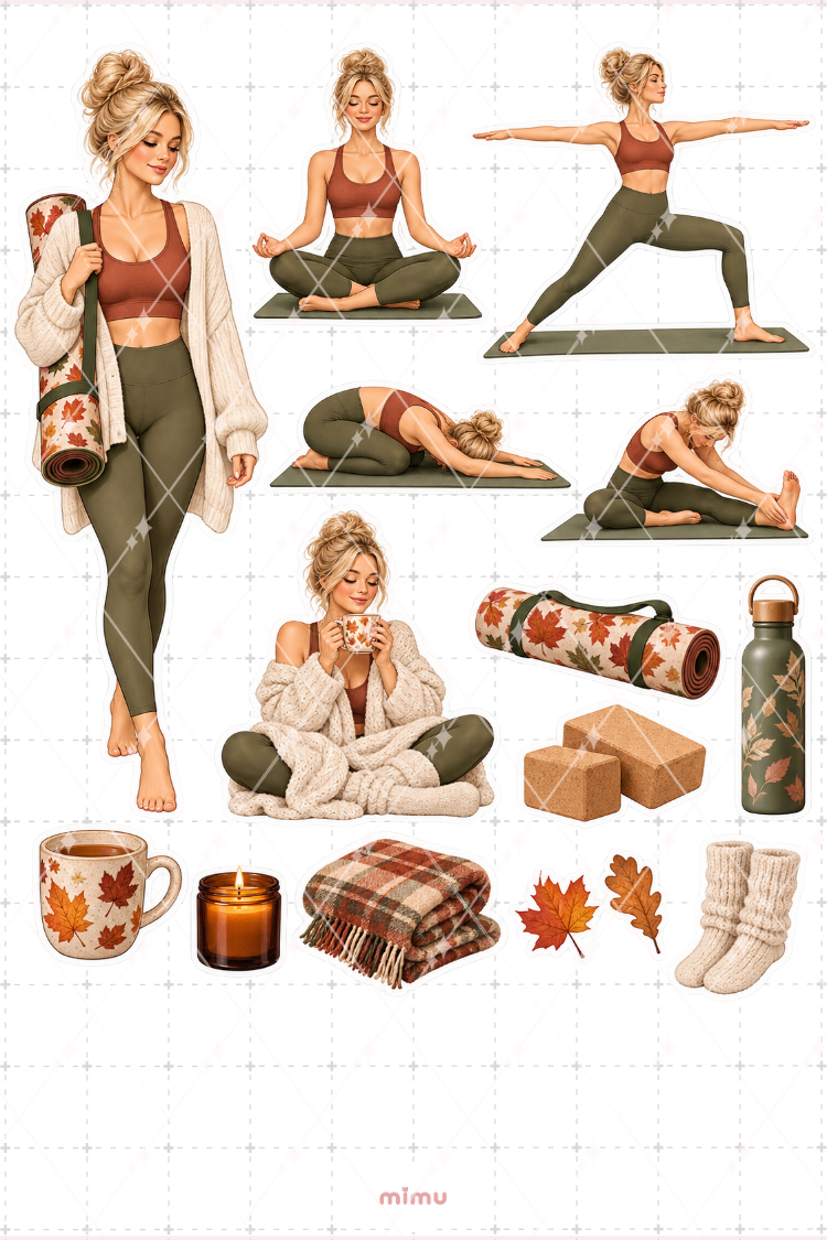 Sarı Saçlı Kız Sonbahar Yogası Sticker Seti Yoga Temalı Dekoratif 2'li Etiket