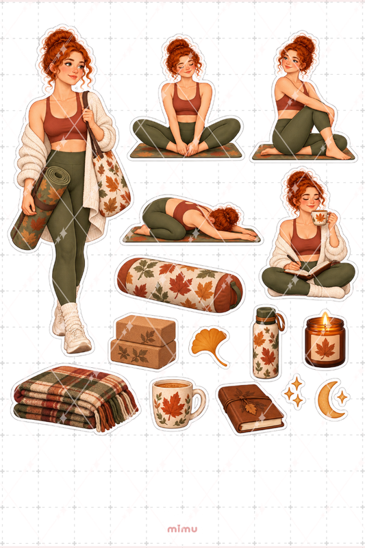 Kızıl Saçlı Kız Sonbahar Yogası Sticker Seti Yoga Temalı Dekoratif 2'li Etiket