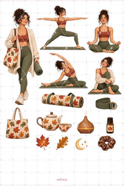 Kahverengi Saçlı Kız Sonbahar Yogası Sticker Seti Yoga Temalı Dekoratif 2'li Etiket