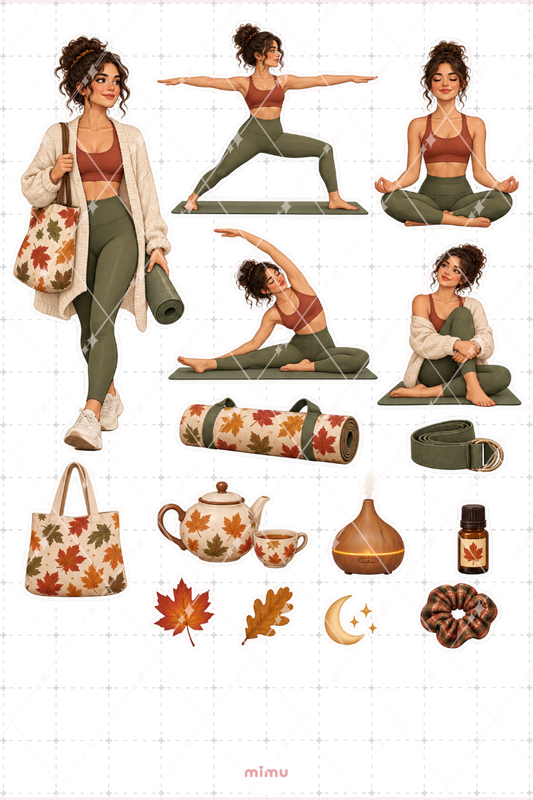 Kahverengi Saçlı Kız Sonbahar Yogası Sticker Seti Yoga Temalı Dekoratif 2'li Etiket