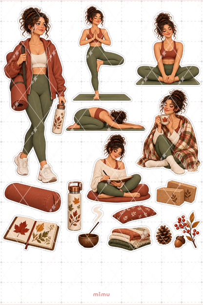 Kahverengi Saçlı Kız Sonbahar Yogası Sticker Seti Yoga Temalı Dekoratif 2'li Etiket - 2