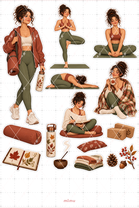 Kahverengi Saçlı Kız Sonbahar Yogası Sticker Seti Yoga Temalı Dekoratif 2'li Etiket - 2