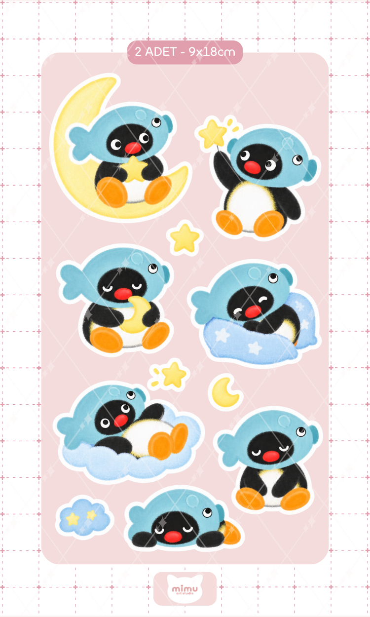 Pingu Ay ve Yıldız Sticker Seti Gece Temalı Penguen Dekoratif Etiket 2 Adet