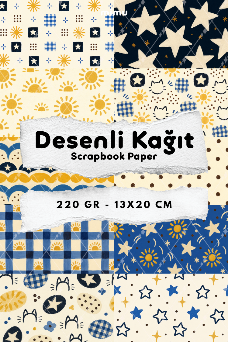Kedi Güneş Yıldız Ekose Desenli Kağıt Seti Scrapbook Kağıdı (220 gr) Ajanda Günlük Kolaj Junk Journal Bullet Journal Kağıtları
