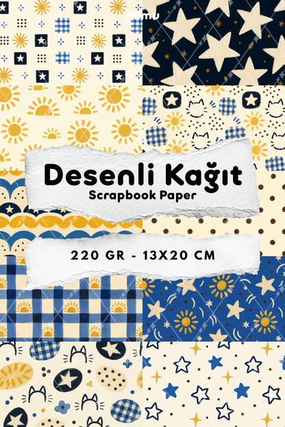Kedi Güneş Yıldız Ekose Desenli Kağıt Seti Scrapbook Kağıdı (220 gr) Ajanda Günlük Kolaj Junk Journal Bullet Journal Kağıtları