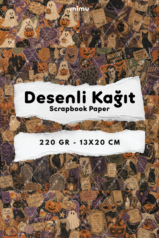 Hayalet Balkabağı Mumya Kara Kedi Cadılar Bayramı Desenli Kağıt Seti Scrapbook Kağıdı (220 gr) Ajanda Günlük Kolaj Junk Journal Bullet Journal Kağıtları