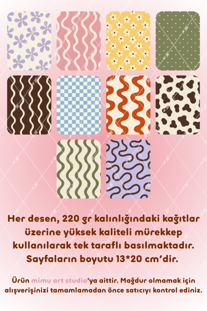 İnek Deseni Papatya Ekose Dalga Desenli Kağıt Seti Scrapbook Kağıdı (220 gr) Ajanda Günlük Kolaj Junk Journal Bullet Journal Kağıtları