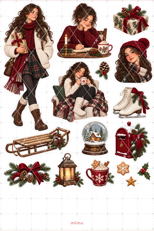 Kahverengi Saçlı Kış Kızı Sticker Seti Cozy Kış Temalı Dekoratif 2'li Etiket - 2