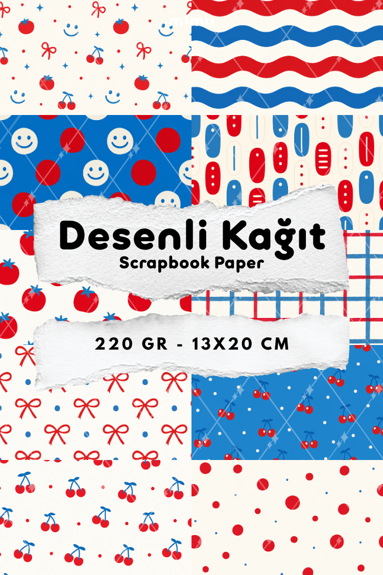 Domates Kiraz Fiyonk Gülen Yüz Ekose Desenli Kağıt Seti Scrapbook Kağıdı (220 gr) Ajanda Günlük Kolaj Junk Journal Bullet Journal Kağıtları