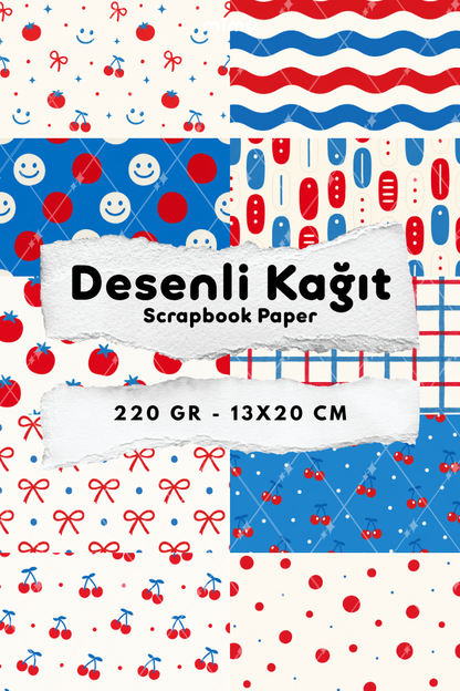 Domates Kiraz Fiyonk Gülen Yüz Ekose Desenli Kağıt Seti Scrapbook Kağıdı (220 gr) Ajanda Günlük Kolaj Junk Journal Bullet Journal Kağıtları