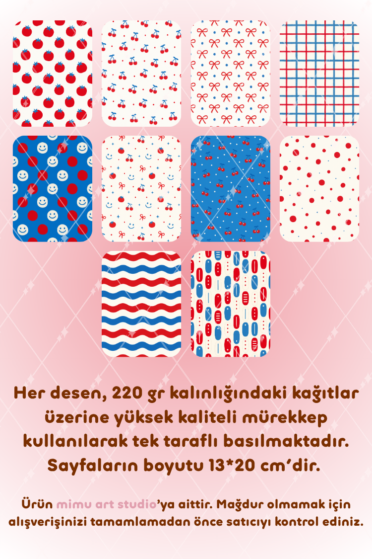 Domates Kiraz Fiyonk Gülen Yüz Ekose Desenli Kağıt Seti Scrapbook Kağıdı (220 gr) Ajanda Günlük Kolaj Junk Journal Bullet Journal Kağıtları