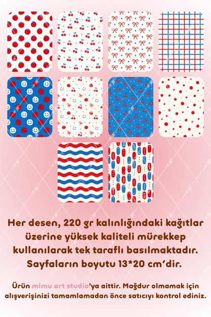 Domates Kiraz Fiyonk Gülen Yüz Ekose Desenli Kağıt Seti Scrapbook Kağıdı (220 gr) Ajanda Günlük Kolaj Junk Journal Bullet Journal Kağıtları
