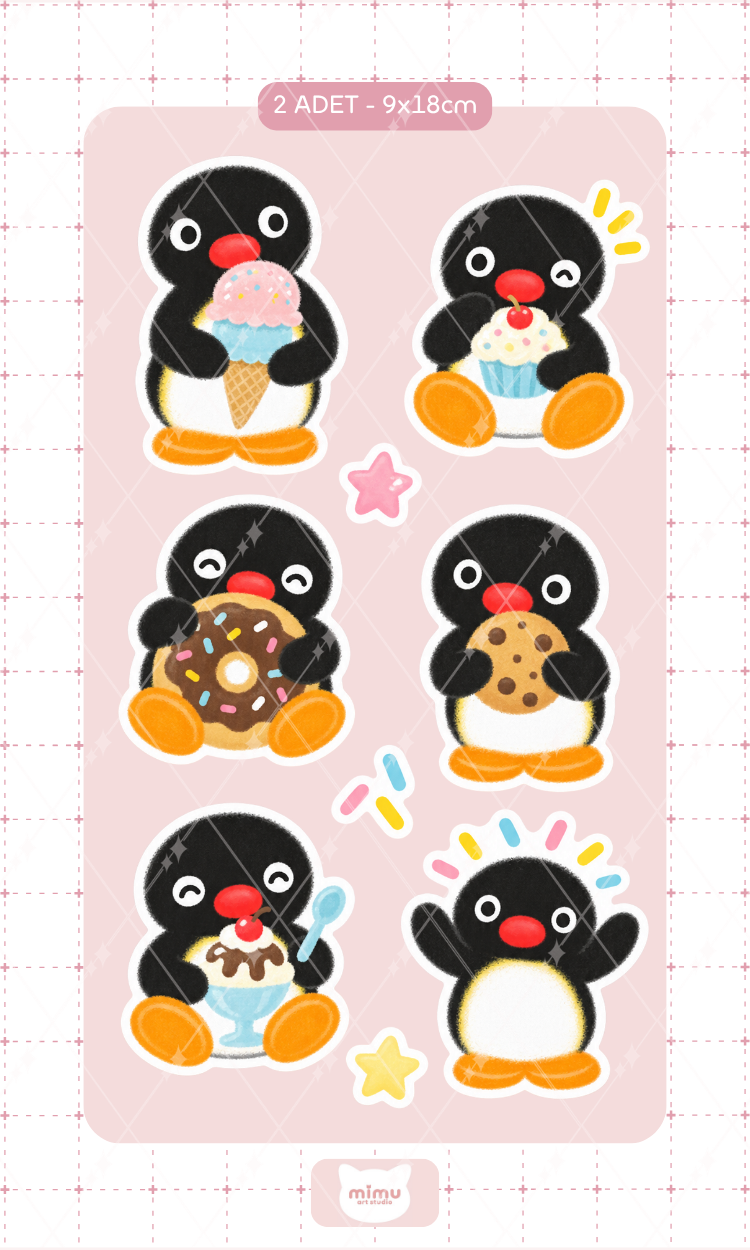 Pingu Atıştırmalık Zamanı Sticker Seti Sevimli Penguen Dekoratif Etiket 2 Adet