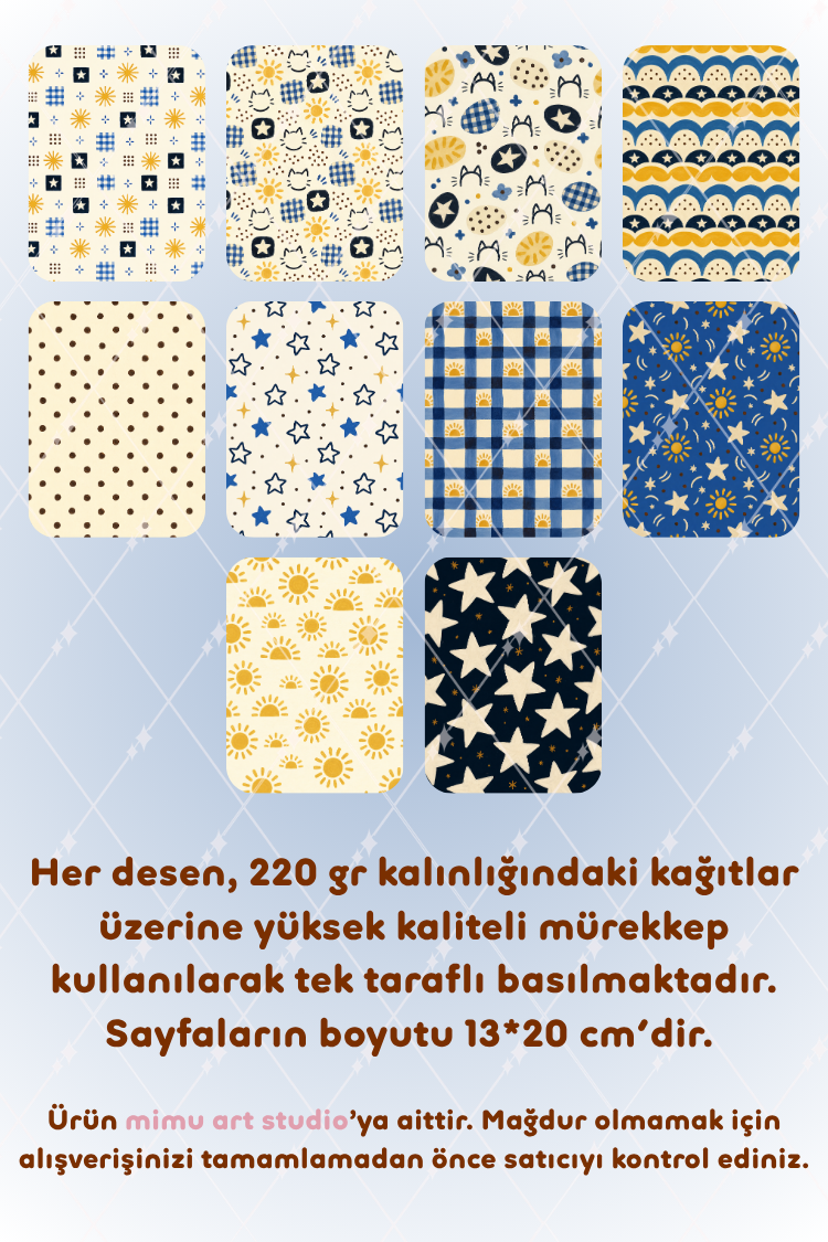 Kedi Güneş Yıldız Ekose Desenli Kağıt Seti Scrapbook Kağıdı (220 gr) Ajanda Günlük Kolaj Junk Journal Bullet Journal Kağıtları