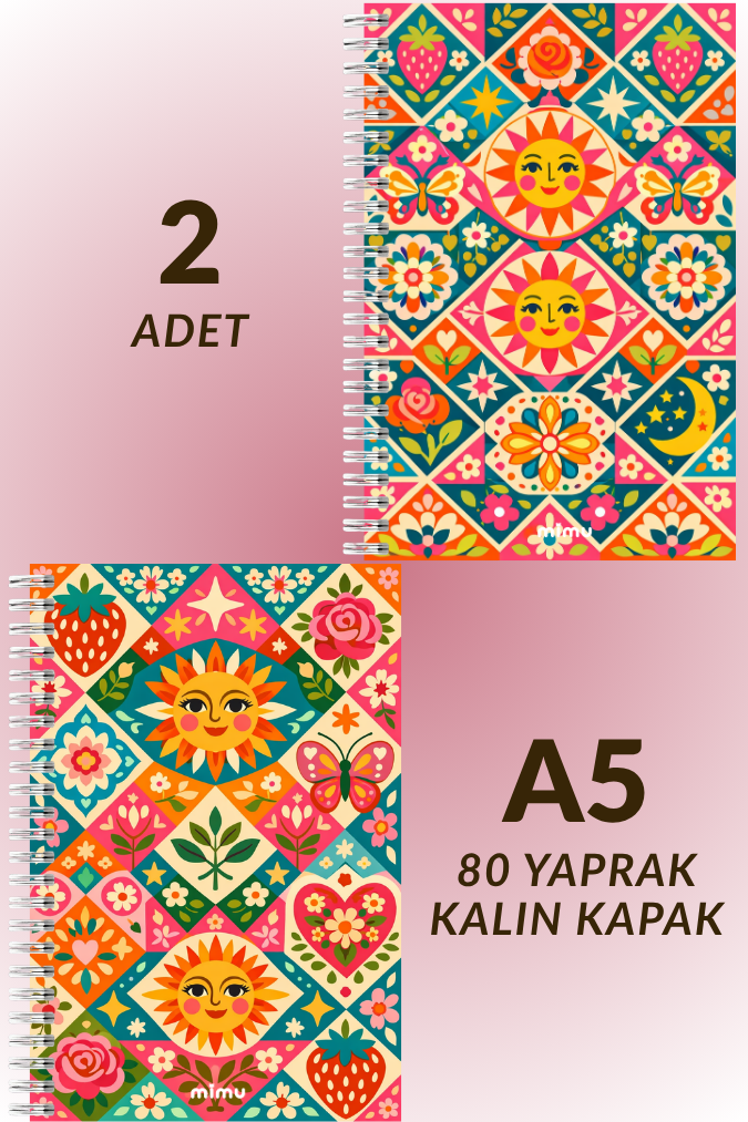 Güneş Motifli Spiral Defter Seti Renkli Çiçek Desenli 2li Kalın Kapak Not Defteri