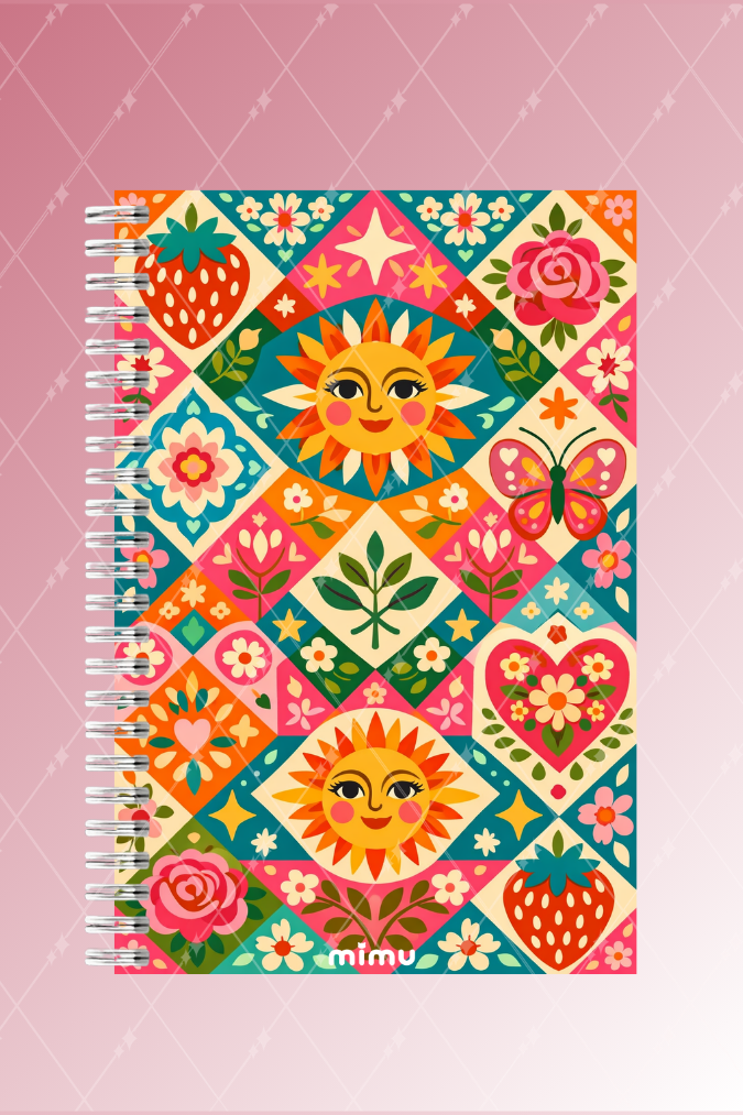 Güneş Motifli Spiral Defter Seti Renkli Çiçek Desenli 2li Kalın Kapak Not Defteri