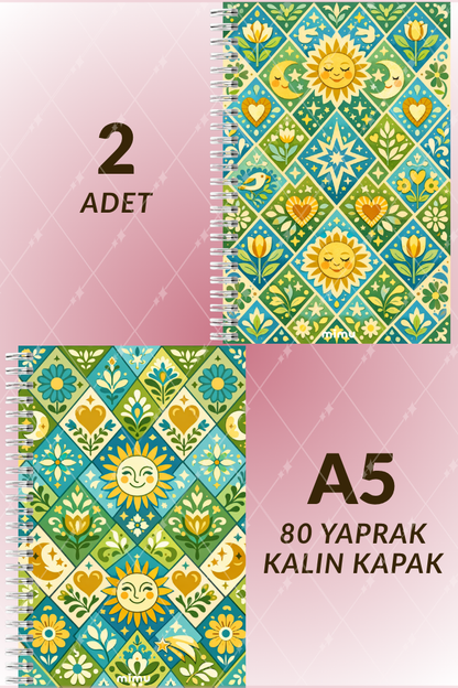 Güneş Ay Motifli Spiral Defter Seti Yeşil Mavi Çiçek Desenli 2li A5 Kalın Kapak Not Defteri