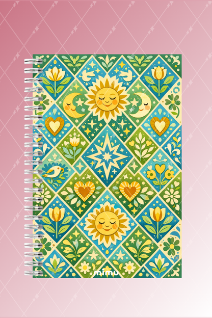 Güneş Ay Motifli Spiral Defter Seti Yeşil Mavi Çiçek Desenli 2li A5 Kalın Kapak Not Defteri