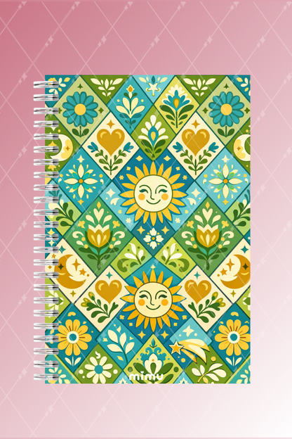 Güneş Ay Motifli Spiral Defter Seti Yeşil Mavi Çiçek Desenli 2li A5 Kalın Kapak Not Defteri