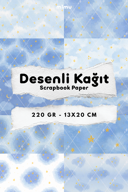 Mavi Gökyüzü Bulut Yıldız Desenli Kağıt Seti Scrapbook Kağıdı (220 gr) Ajanda Günlük Kolaj Junk Journal Bullet Journal Kağıtları