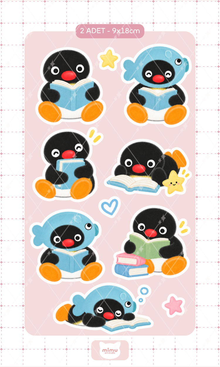 Pingu Kış Eğlencesi Sticker Seti Mavi Kapüşonlu Penguen Dekoratif Etiket 2 Adet