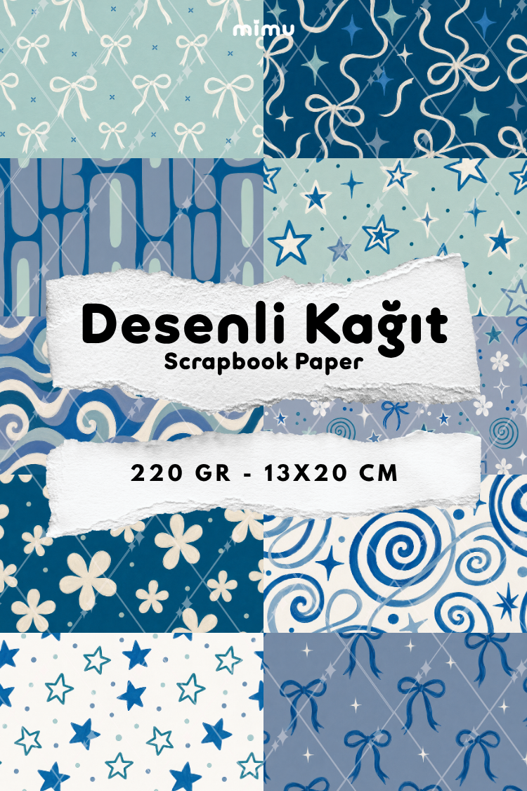 Mavi Fiyonk Yıldız Çiçek Spiral Desenli Kağıt Seti Scrapbook Kağıdı (220 gr) Ajanda Günlük Kolaj Junk Journal Bullet Journal Kağıtları