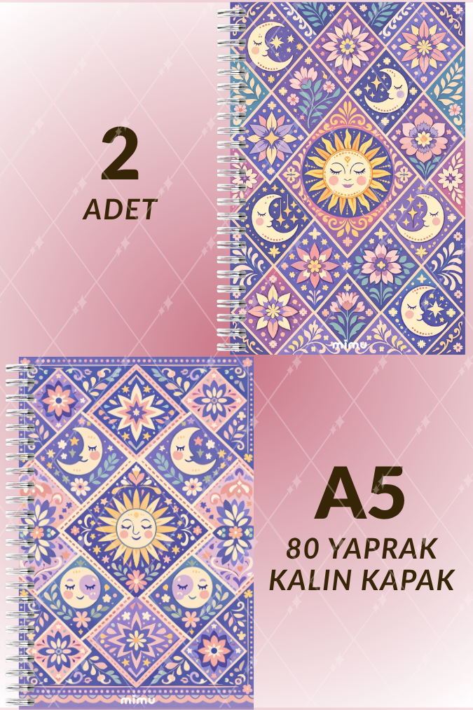 Güneş Ay Motifli Spiral Defter Seti Lila Mor Çiçek Desenli 2li A5 Kalın Kapak Not Defteri