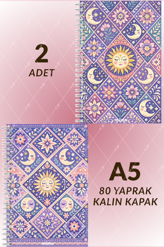Güneş Ay Motifli Spiral Defter Seti Lila Mor Çiçek Desenli 2li A5 Kalın Kapak Not Defteri