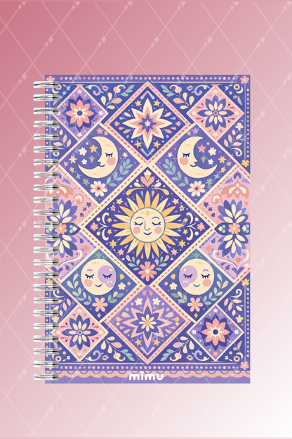 Güneş Ay Motifli Spiral Defter Seti Lila Mor Çiçek Desenli 2li A5 Kalın Kapak Not Defteri