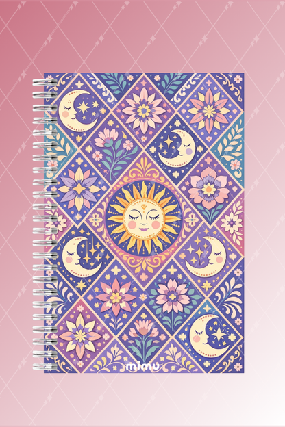 Güneş Ay Motifli Spiral Defter Seti Lila Mor Çiçek Desenli 2li A5 Kalın Kapak Not Defteri