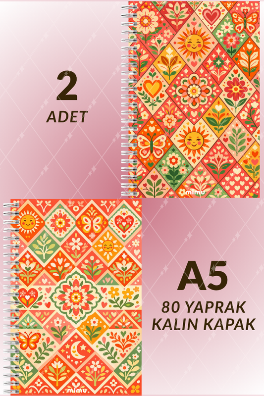 Güneş Motifli Spiral Defter Seti Turuncu Çiçek Desenli 2li A5 Kalın Kapak Not Defteri