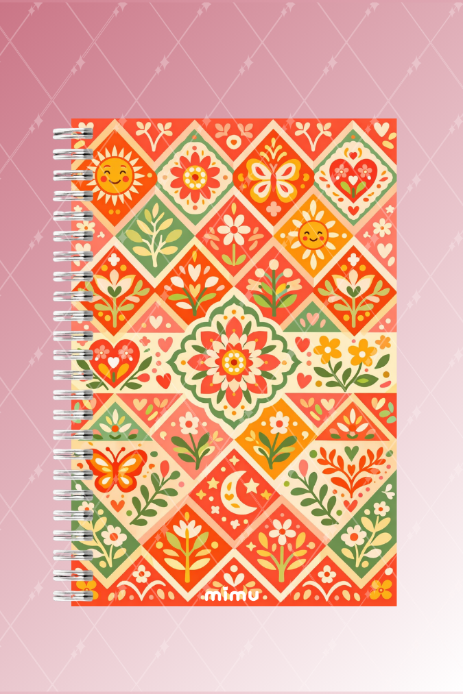 Güneş Motifli Spiral Defter Seti Turuncu Çiçek Desenli 2li A5 Kalın Kapak Not Defteri