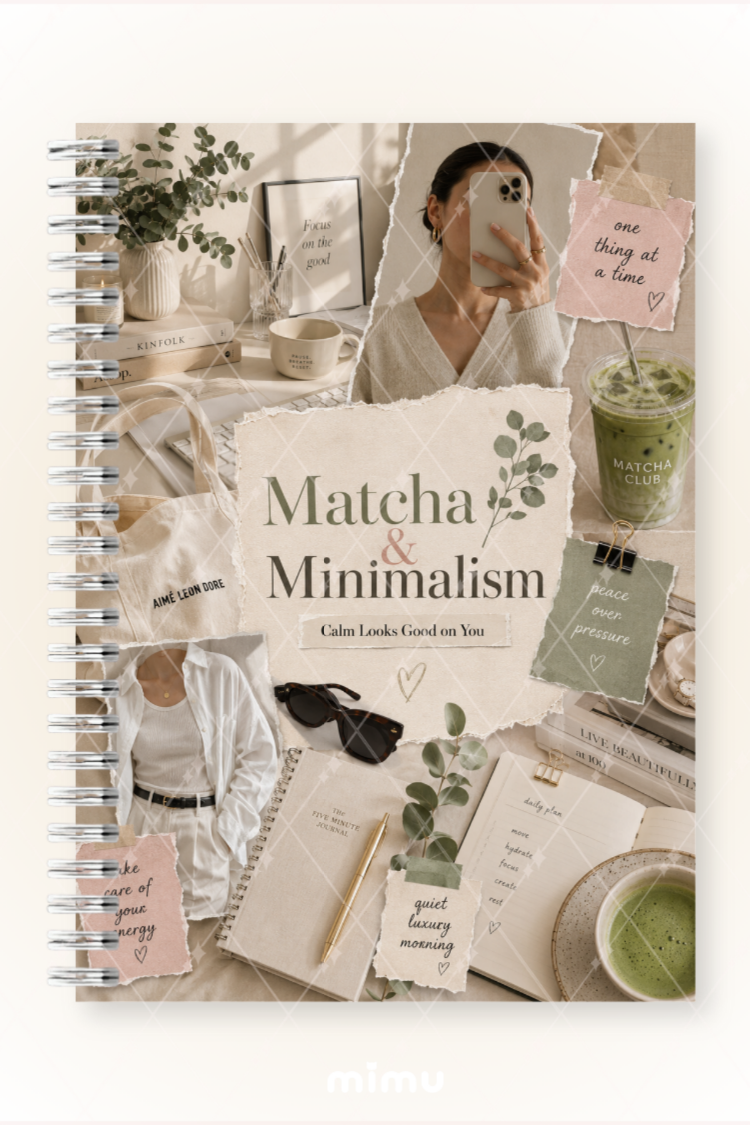 Matcha Minimalism Estetik Kolaj Desenli 60 Yaprak Çizgisiz Okul Defteri A5 Spiralli Not Defteri