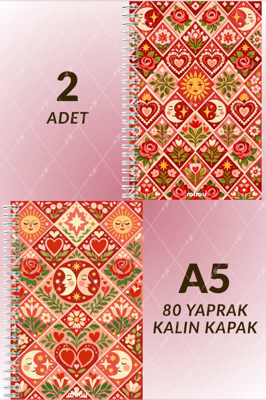 Güneş Ay Kalp Motifli Spiral Defter Seti Kırmızı Gül Desenli 2li A5 Kalın Kapak Not Defteri