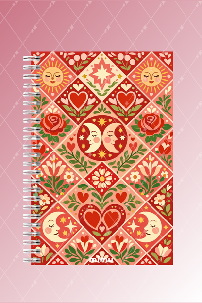 Güneş Ay Kalp Motifli Spiral Defter Seti Kırmızı Gül Desenli 2li A5 Kalın Kapak Not Defteri