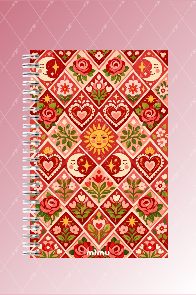 Güneş Ay Kalp Motifli Spiral Defter Seti Kırmızı Gül Desenli 2li A5 Kalın Kapak Not Defteri